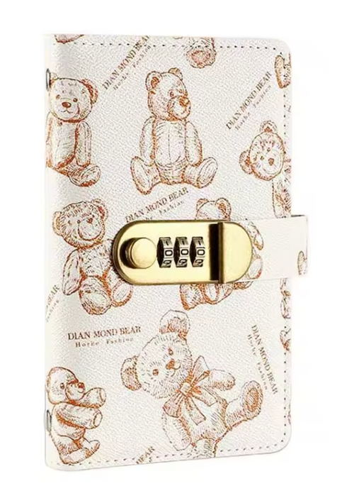Kids Saving BankBook in Beige with bear-print cover and gold combination clasp