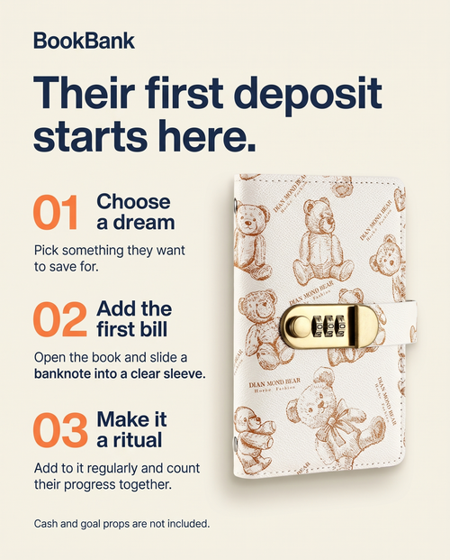Choose a goal, add a banknote to a clear sleeve, and build a saving routine