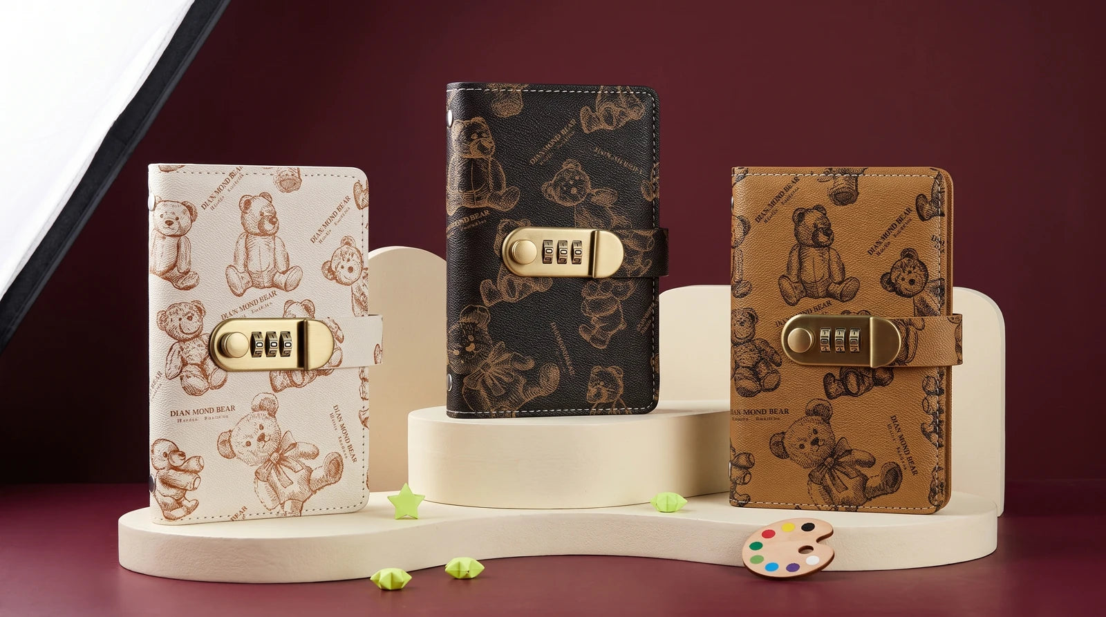 Styled BookBank bear-print collection in beige, black and brown